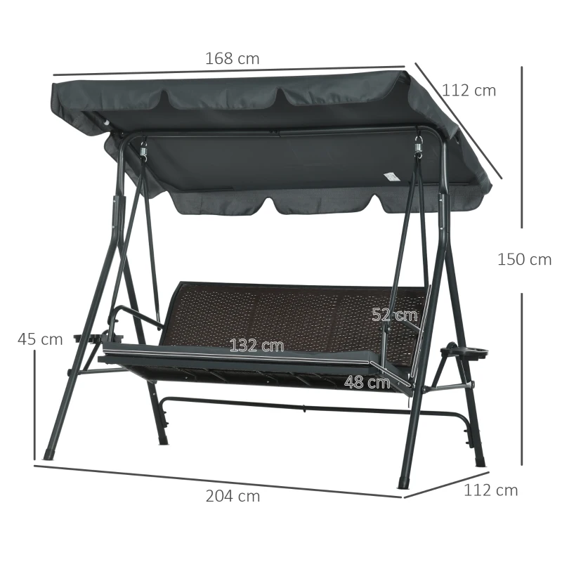 Outsunny Baloiço de Jardim de 3 Lugares com Toldo Ajustável Assento de Vime 2 Suporte para Capos 2 Bandejas 204x112x150 cm Cinza