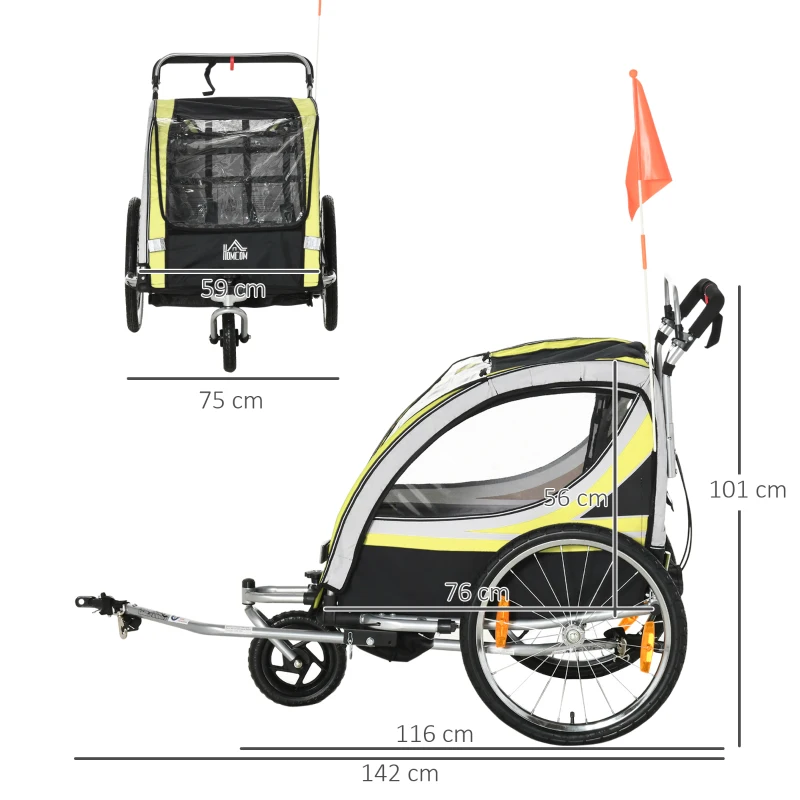 HOMCOM Remorca pentru bicicleta pentru copii 2 in 1, centura in 5 puncte, geanta de depozitare, reflector, steag, galben(m-3)