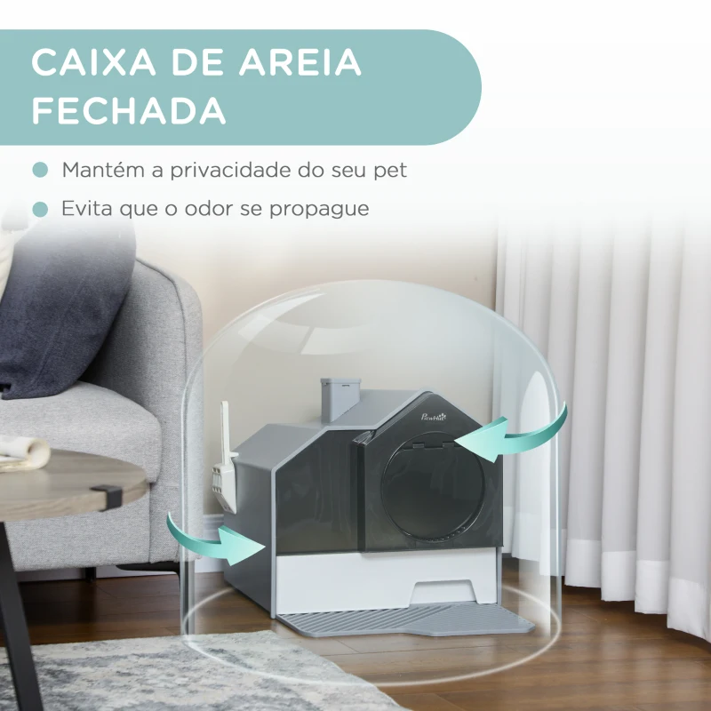 PawHut Caixa de Areia Fechada para Gatos com Bandeja Amovível Pá e Filtro Desodorizante 47x45x42 cm Cinza