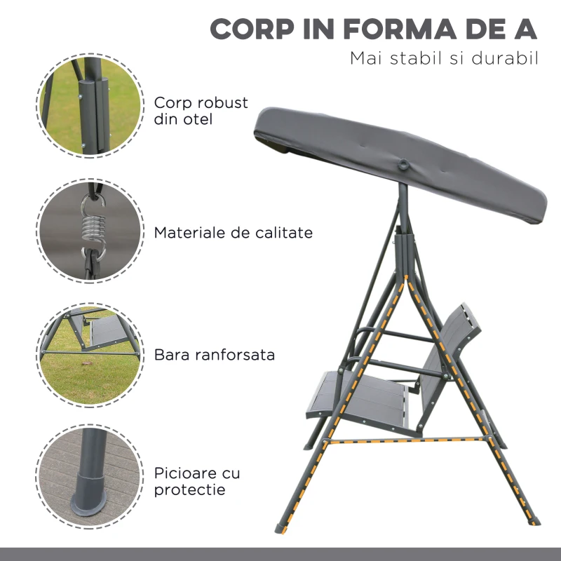 Outsunny leagan 3 locuri, cu acoperis, 178x111x155cm gri