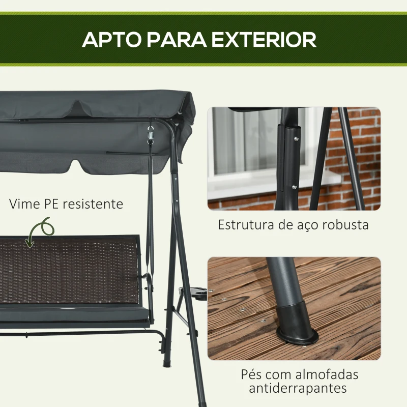 Outsunny Baloiço de Jardim de 3 Lugares com Toldo Ajustável Assento de Vime 2 Suporte para Capos 2 Bandejas 204x112x150 cm Cinza