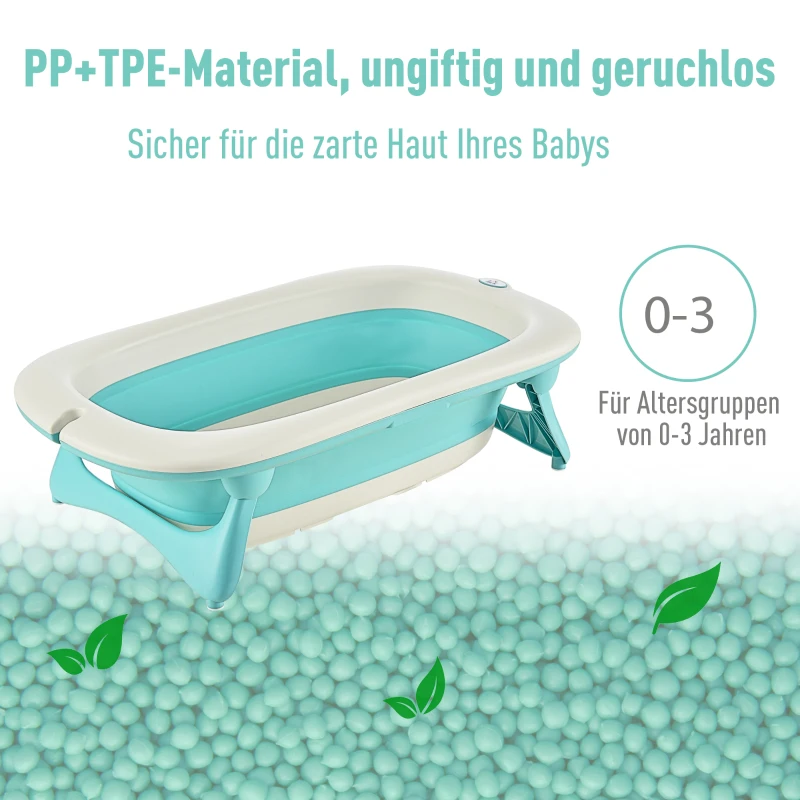 HOMCOM Baby Badewanne, Babybadewanne mit Waschbecken und Shampoobecher, faltbare Badewanne, Kunststoff, Grün, 84,5 x 50,5 x 24 cm