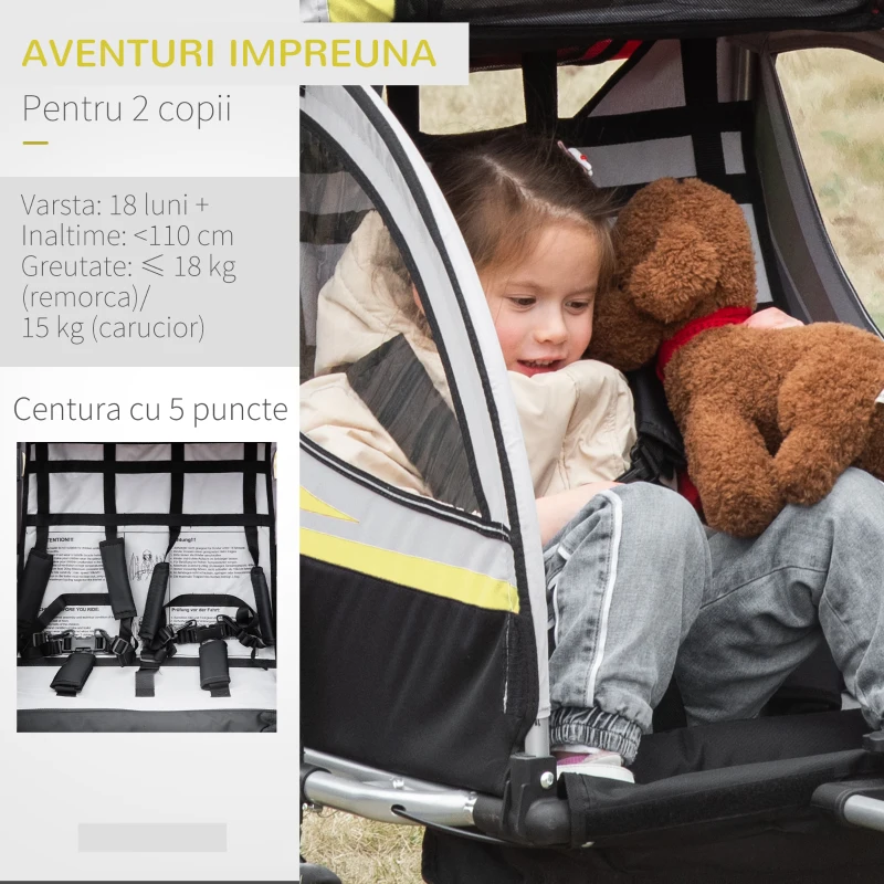 HOMCOM Remorca pentru bicicleta pentru copii 2 in 1, centura in 5 puncte, geanta de depozitare, reflector, steag, galben(m-6)