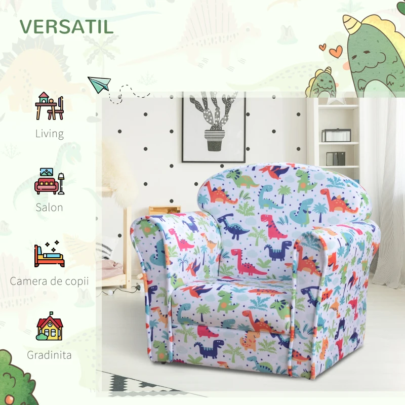 HOMCOM Fotoliu Mini pentru Copii Alb cu Dinozauri Colorati