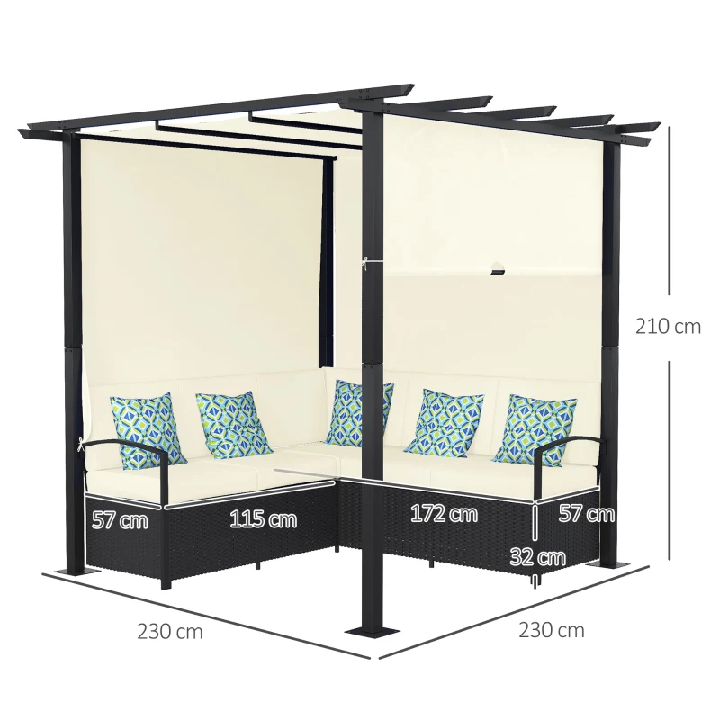 Outsunny Gartenmöbel-Set für 4 Personen aus PE-Rattan mit Pergola, wetterbeständig, abnehmbare Bezüge,Schwarz+Beige