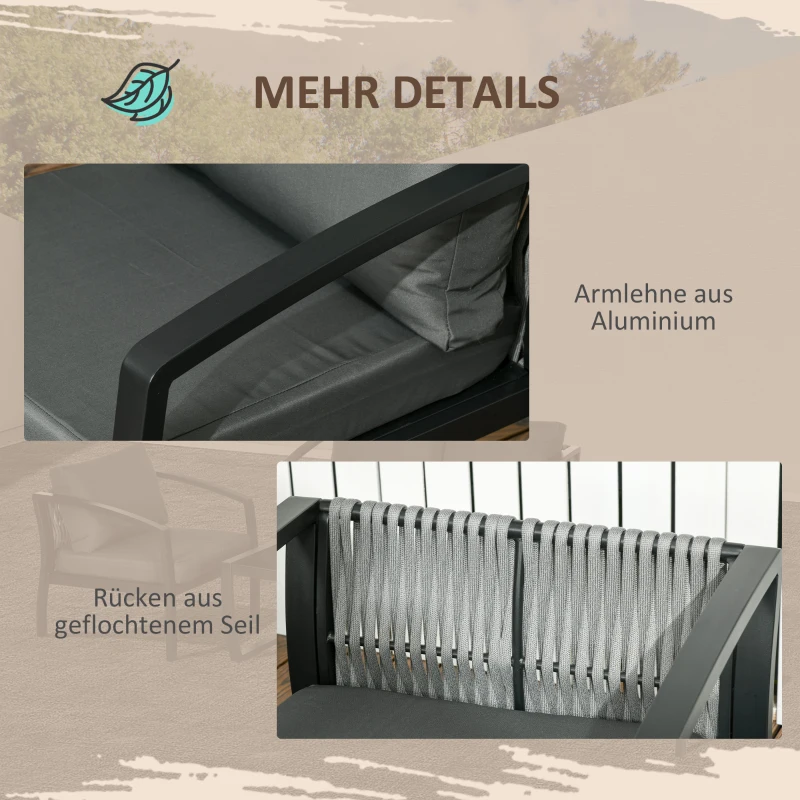 Outsunny Gartenmöbel-Set für 4 Personen, 1 Glastisch, 1 Sofa, 2 Sessel, wetterbeständig, Grau +Schwarz