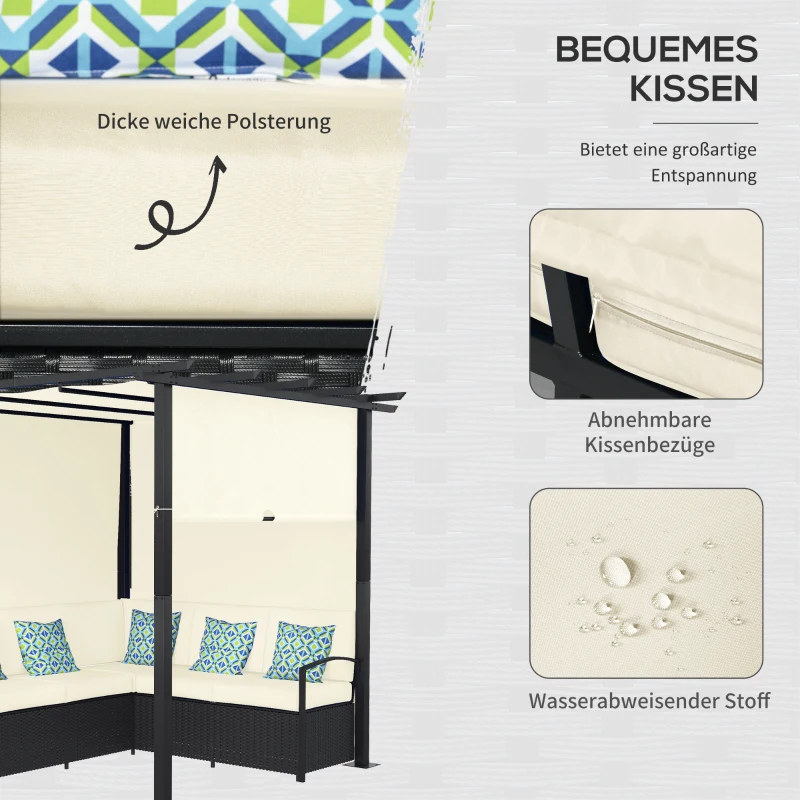 Outsunny Gartenmöbel-Set für 4 Personen aus PE-Rattan mit Pergola, wetterbeständig, abnehmbare Bezüge,Schwarz+Beige