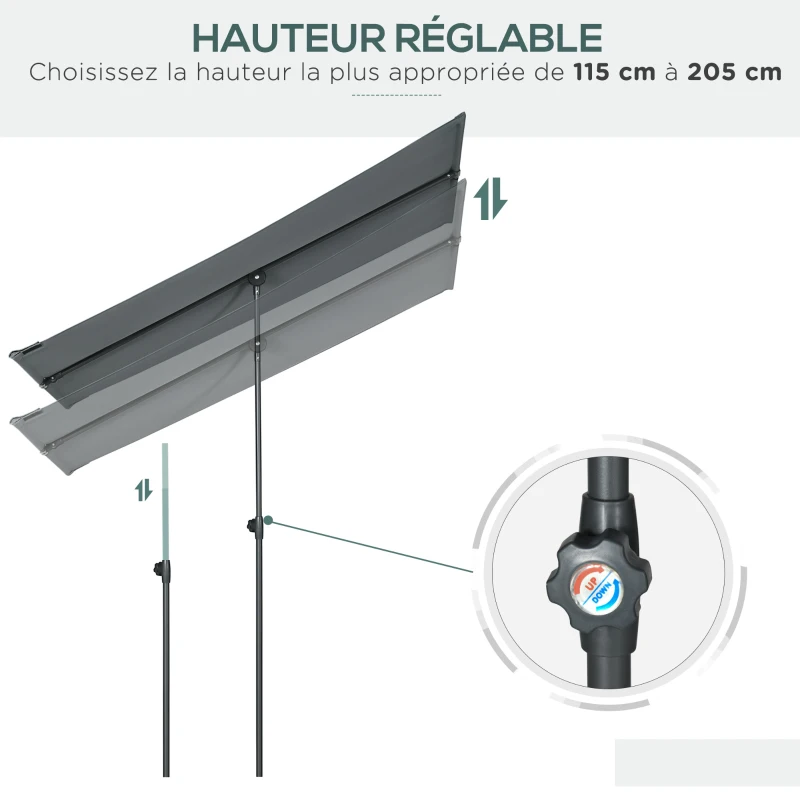 Outsunny Parasol de jardin inclinable auvent plat hauteur réglable polyester Anti-UV dim. 180L x 130l x 115-205H cm gris foncé