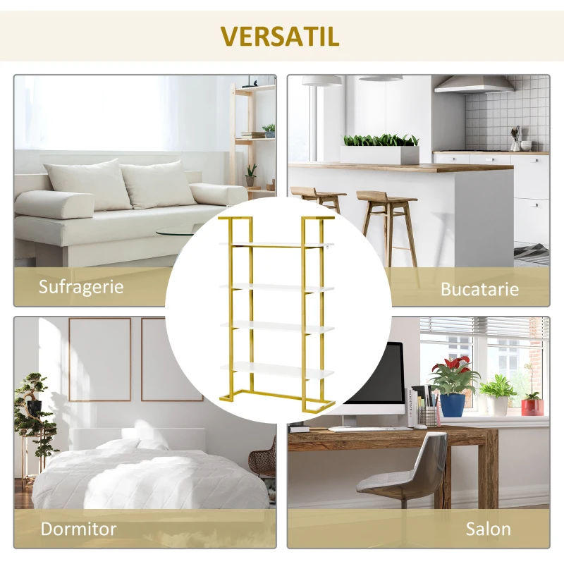 Homcom Raft 4 Niveluri – Lemn & Otel Auriu, Elegant si Multifunctional