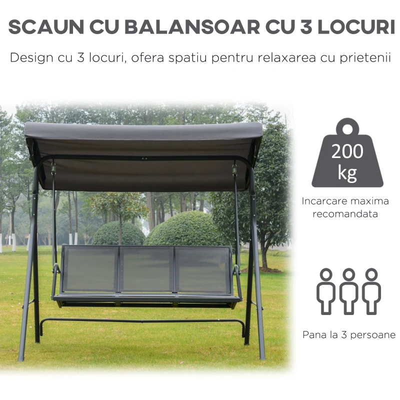 Outsunny leagan 3 locuri, cu acoperis, 178x111x155cm gri