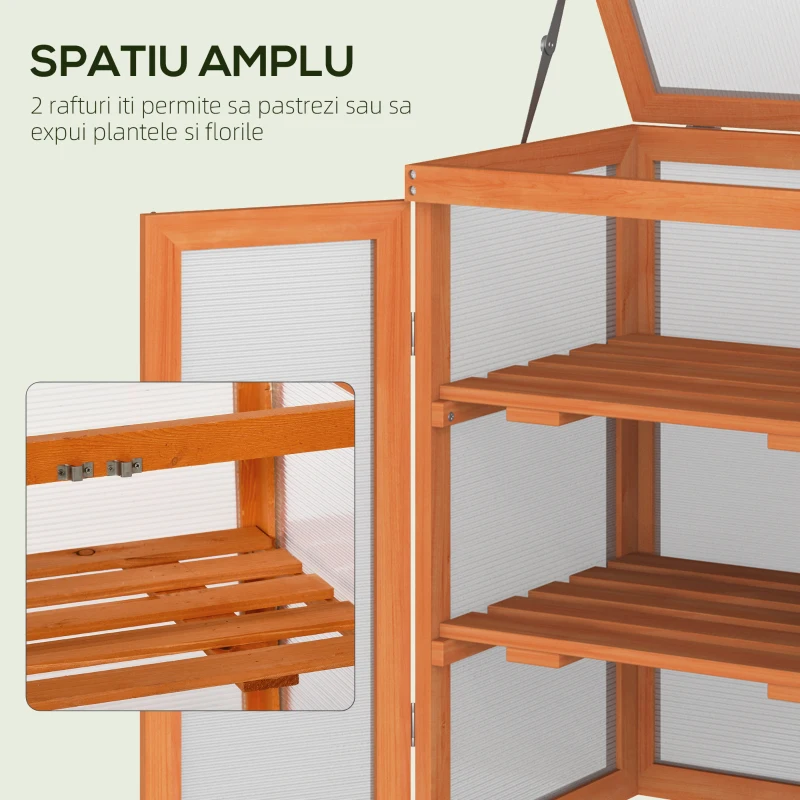 Outsunny Mini Sera de Gradina cu 3 Etajere din Lemn de Brad si Policarbonat, Deschidere Laterala si Frontala, 58x44x78cm, Portocaliu