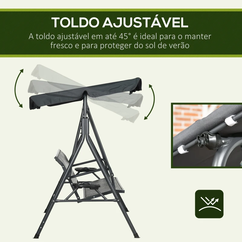 Outsunny Baloiço de Jardim de 3 Lugares com Toldo Ajustável Assento de Vime 2 Suporte para Capos 2 Bandejas 204x112x150 cm Cinza