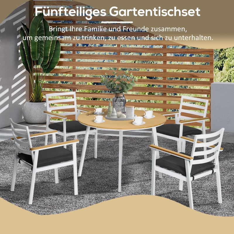 Outsunny Sitzgruppe für 4 Personen, 1 Tisch, 4 Stühle, wetterbeständig, 105 cm x 105 cm x 74 cm, Braun + Weiß + Grau