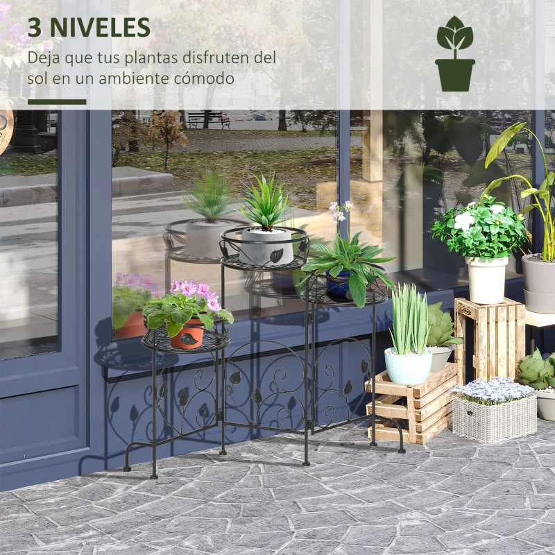 Outsunny Soporte de Metal para Plantas Macetas Plegable Estantería para Flores con 3 Estantes Decoración Interiores Exteriores para Jardín Terraza Balcón 74x23x62 cm Negro