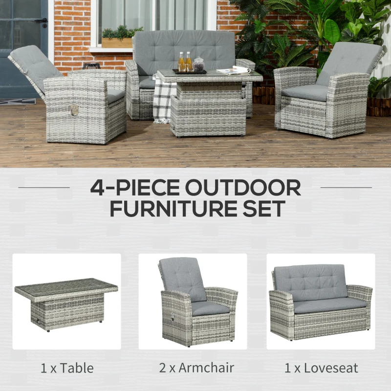 Outsunny Seturi de Mobilier de Gradina din Ratan cu 4 Piese cu Masa Reglabila si Spatiu de Depozitare, cu 4 Locuri in Aer Liber, Fotoliu Rabatabil si Masa de Sticla pentru Curte, langa Piscina
