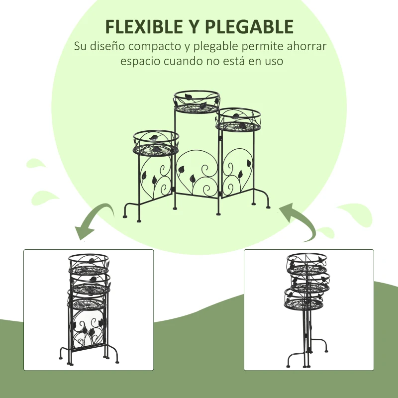 Outsunny Soporte de Metal para Plantas Macetas Plegable Estantería para Flores con 3 Estantes Decoración Interiores Exteriores para Jardín Terraza Balcón 74x23x62 cm Negro