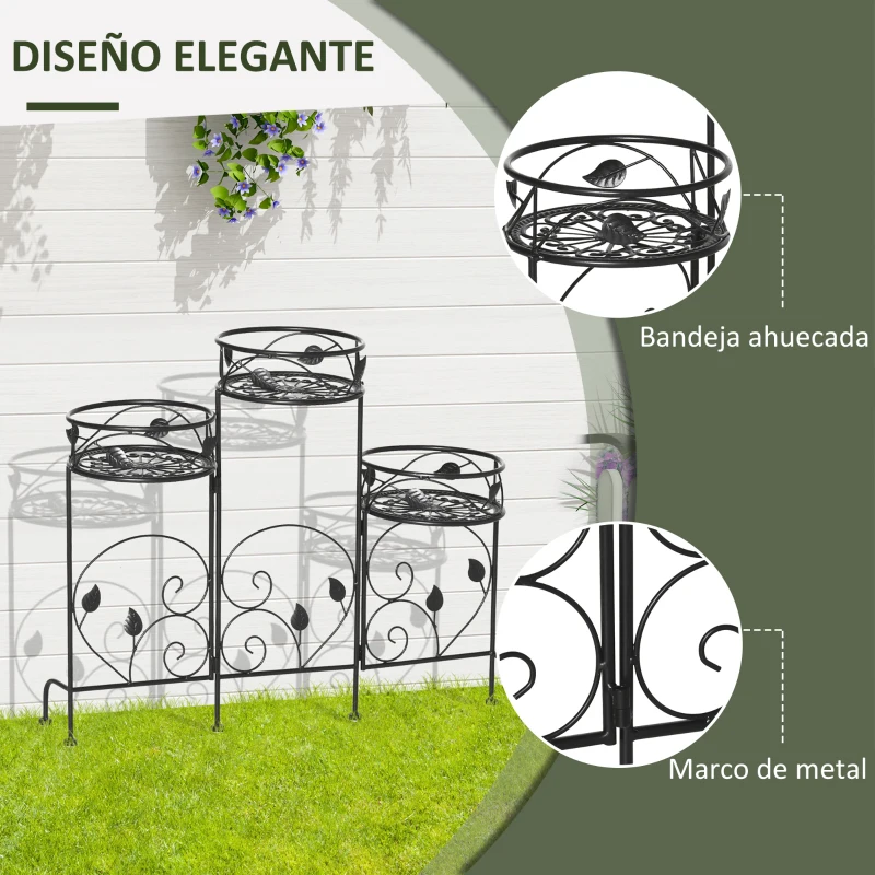 Outsunny Soporte de Metal para Plantas Macetas Plegable Estantería para Flores con 3 Estantes Decoración Interiores Exteriores para Jardín Terraza Balcón 74x23x62 cm Negro