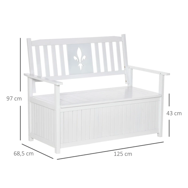 Outsunny Banco de Madera Maciza Exterior de 2 Plazas con Espacio de Almacenamiento y Tela Oxford Banco Arcón de Jardín Terraza con Reposabrazos Carga 250 kg 125x68,5x97 cm Blanco