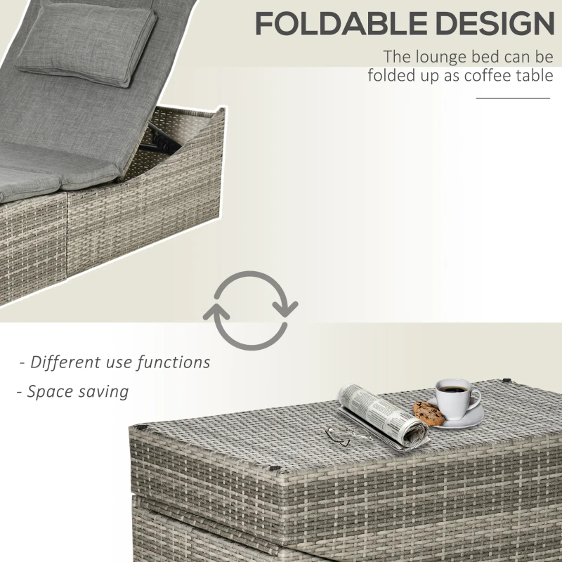 Outsunny sezlong din rachita pentru exterior, sezlong din ratan din PE, pliabil, pentru terasa, langa piscina, cu perna