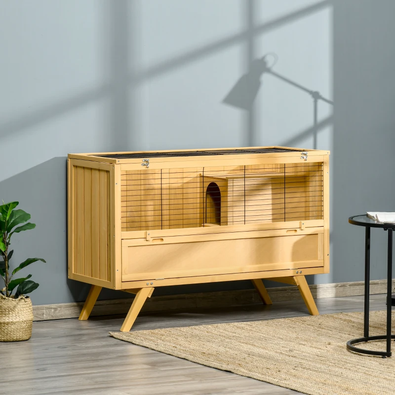 PawHut Kleintierstall Zwergkaninchenstall mit Bodenwanne und Rampe Kleintierkäfig Meerschweinchenstall einfache Reinigung Tannenholz Gelb 120 x 50 x 82 cm