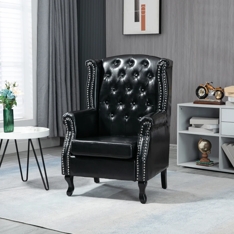 HOMCOM Wingback Accent Chair Tufted Chesterfield-style Armchair with Nail Head Trim for Living Room Bedroom Black
