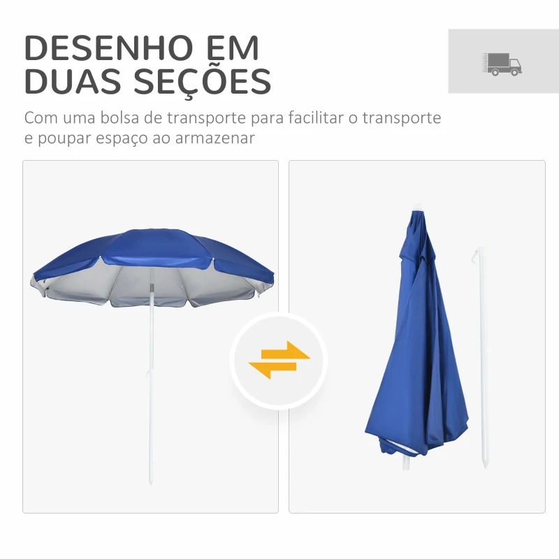 Outsunny Chapéu de Sol de Praia com Painel Lateral Manivela Manual Teto Inclinável 2 Bolsos e 2 Janelas Ø191x211 cm Azul
