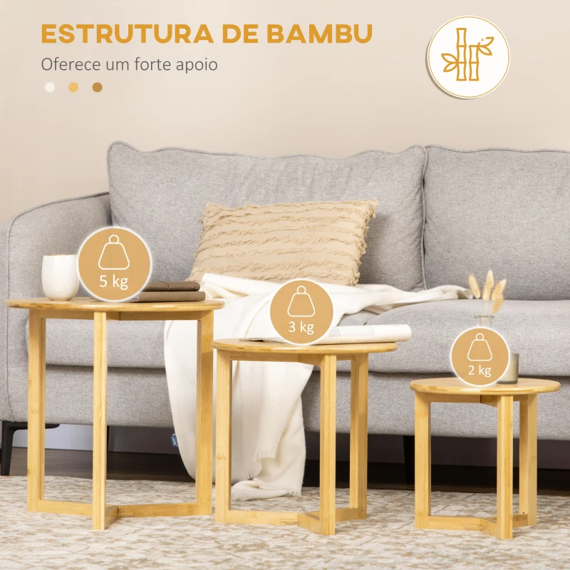 HOMCOM Conjunto de 3 Mesas de Centro Redondas de Bambu  Ø48x48 cm Ø40x40 cm Ø32x32 cm Madeira