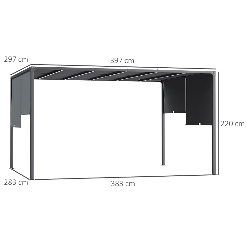 Outsunny 3(m) x 4m Metal Pergola with LED Lights, Outdoor Garden Pergola with Sliding Roof, Solar Powered, for BBQ, Lawn, Dark Grey