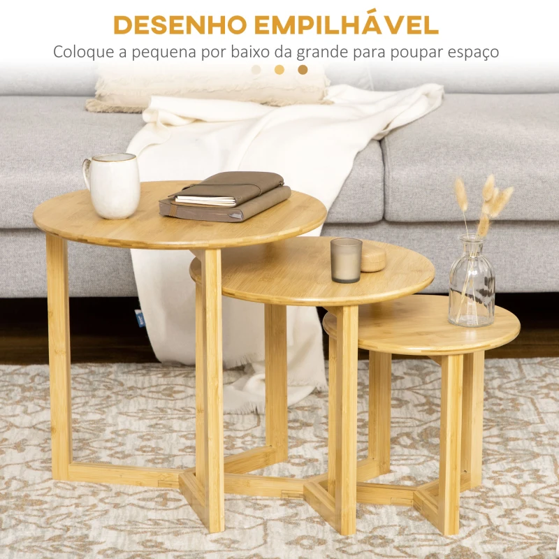 HOMCOM Conjunto de 3 Mesas de Centro Redondas de Bambu  Ø48x48 cm Ø40x40 cm Ø32x32 cm Madeira