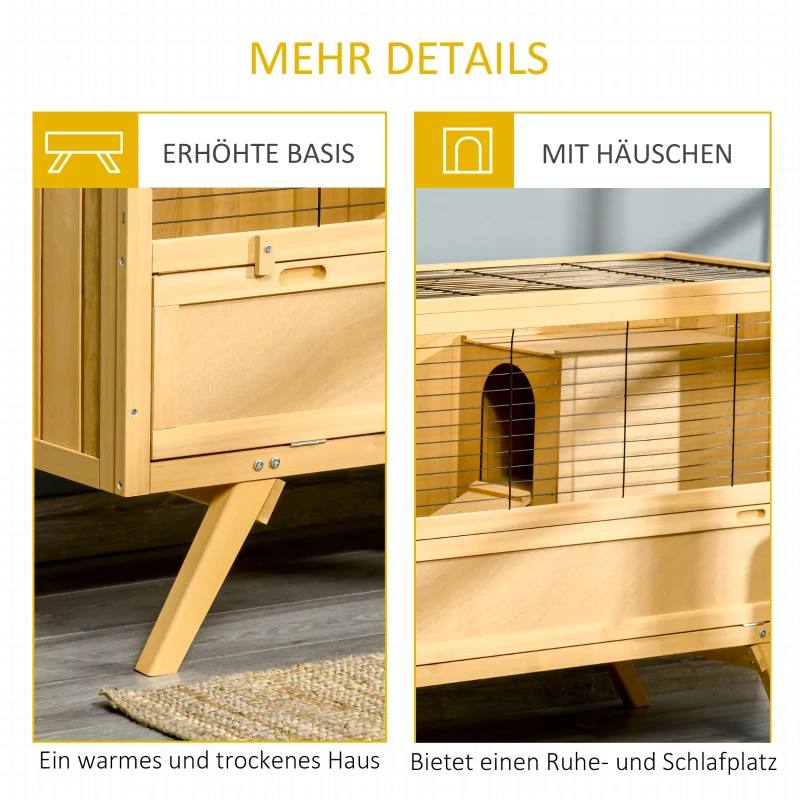PawHut Kleintierstall Zwergkaninchenstall mit Bodenwanne und Rampe Kleintierkäfig Meerschweinchenstall einfache Reinigung Tannenholz Gelb 120 x 50 x 82 cm