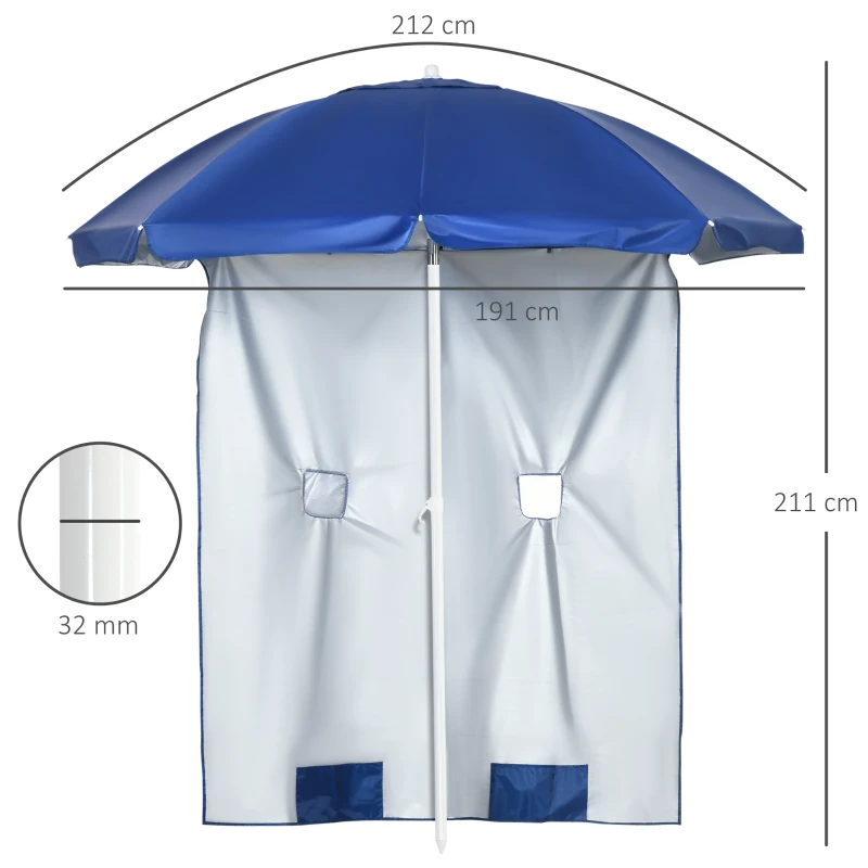 Outsunny Chapéu de Sol de Praia com Painel Lateral Manivela Manual Teto Inclinável 2 Bolsos e 2 Janelas Ø191x211 cm Azul