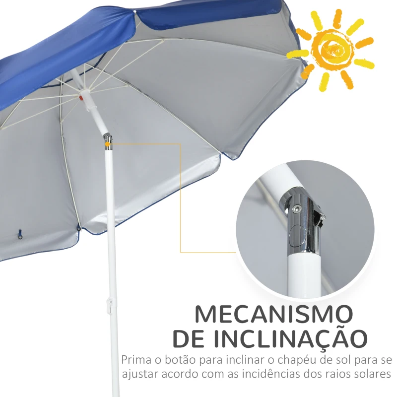Outsunny Chapéu de Sol de Praia com Painel Lateral Manivela Manual Teto Inclinável 2 Bolsos e 2 Janelas Ø191x211 cm Azul