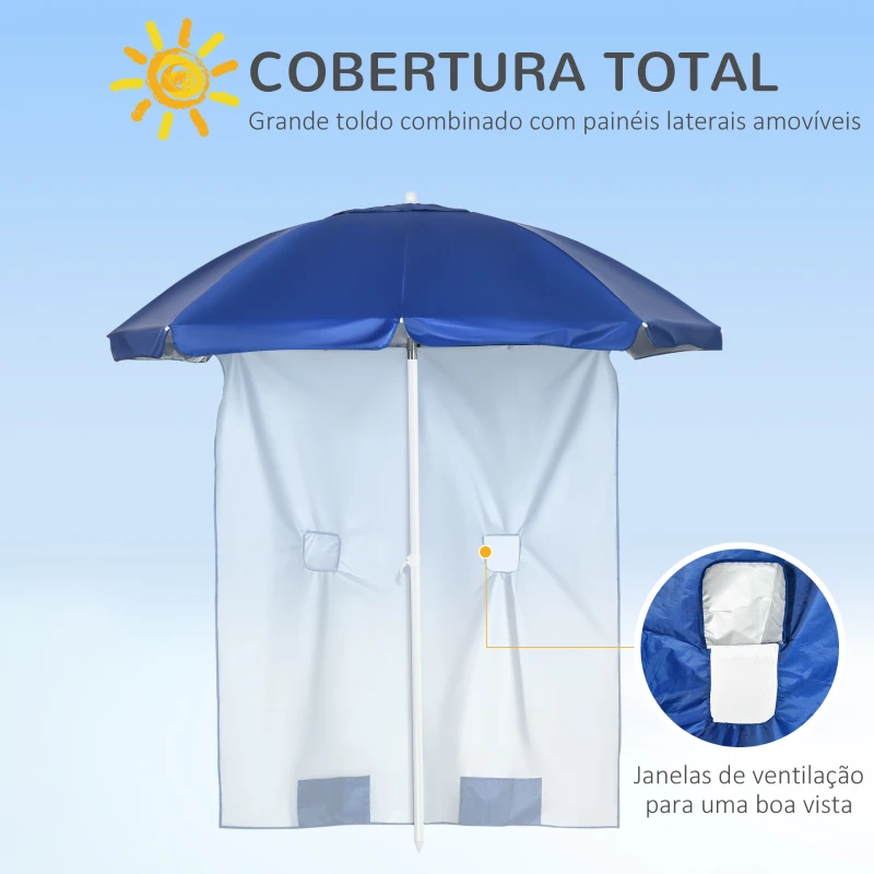 Outsunny Chapéu de Sol de Praia com Painel Lateral Manivela Manual Teto Inclinável 2 Bolsos e 2 Janelas Ø191x211 cm Azul