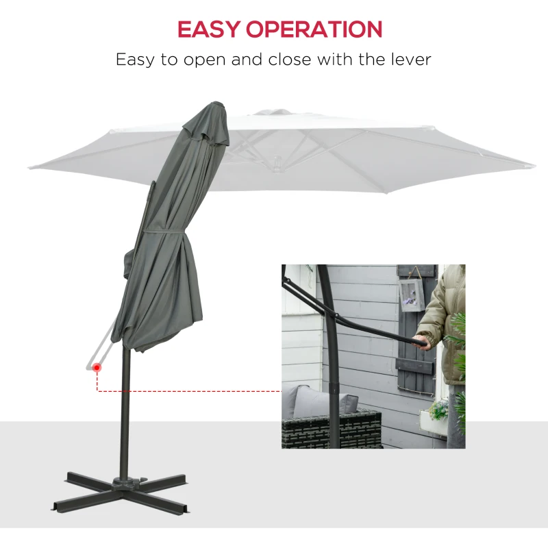Outsunny 3m Cantilever Parasol with Easy Lever, Patio Umbrella with Crank Handle, Cross Base and 6 Metal Ribs, Outdoor Sun Shades for Garden 360° Rotating, Grey