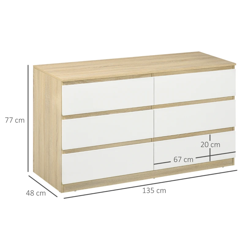 HOMCOM Cassettiera 6 Cassetti Moderna in Legno, 135x48x77cm, Bianco e Colore Legno