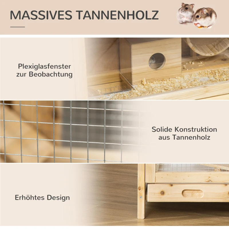 PawHut Kleintierkäfig Kleintierstall Nagerkäfig mit Bodenwanne und Rampe Meerschweinchenstall  Holzkäfig Kleintier Tannenholz Natur 63,5 x 62 x 78 cm