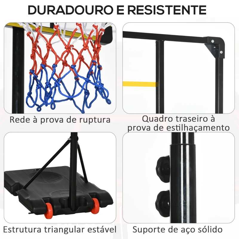 SPORTNOW Tabela de Basquetebol com Altura Ajustável 178-208 cm Rodas Base Recarregável para Exterior 75x56x210-240 cm Amarelo e Preto