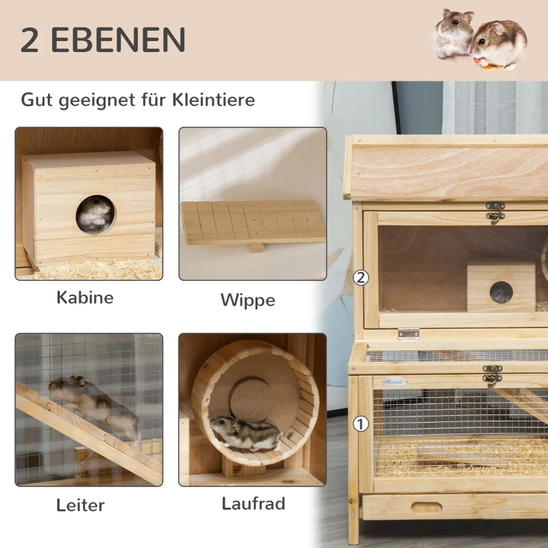 PawHut Kleintierkäfig Kleintierstall Nagerkäfig mit Bodenwanne und Rampe Meerschweinchenstall  Holzkäfig Kleintier Tannenholz Natur 63,5 x 62 x 78 cm