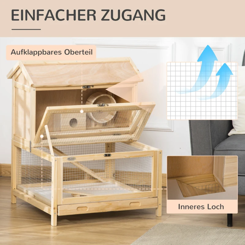 PawHut Kleintierkäfig Kleintierstall Nagerkäfig mit Bodenwanne und Rampe Meerschweinchenstall  Holzkäfig Kleintier Tannenholz Natur 63,5 x 62 x 78 cm