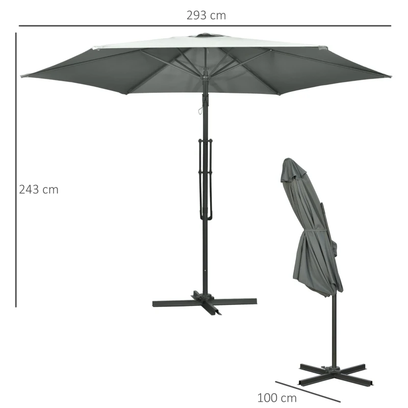 Outsunny 3m Cantilever Parasol with Easy Lever, Patio Umbrella with Crank Handle, Cross Base and 6 Metal Ribs, Outdoor Sun Shades for Garden 360° Rotating, Grey