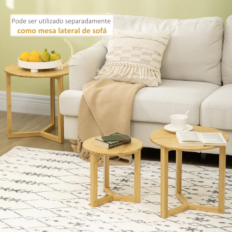 HOMCOM Conjunto de 3 Mesas de Centro Redondas de Bambu  Ø48x48 cm Ø40x40 cm Ø32x32 cm Madeira