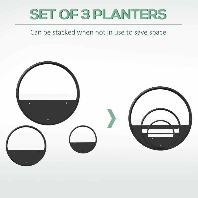 Jardiniere pentru balcon, set 3 bucati din otel si acrilic cu montare pe perete, pentru spatii interioare si exterioare, Ф30.5x5/Ф20.5x5/Ф15.5x5 cm, negru