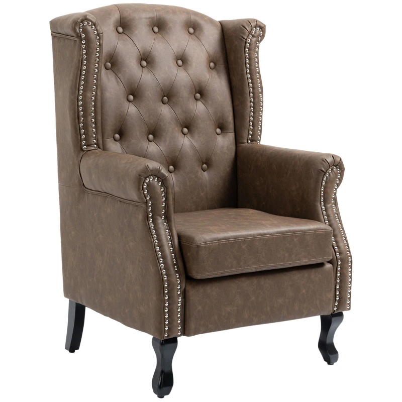 HOMCOM Wingback Accent Chair Tufted Chesterfield-style Armchair with Nail Head Trim for Living Room Bedroom Brown