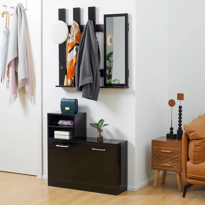 HOMCOM Set Appendi Abiti da Ingresso con Specchio e Scarpiera per 8 Paia di Scarpe, Nero Lucido