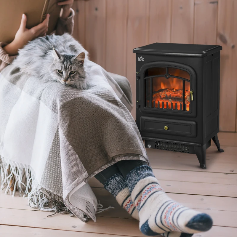 HOMCOM Freestanding Electric Fireplace Indoor Heater Glass View Log Wood Burning Effect Flame Portable Fireplace Stove 950/1850W Black