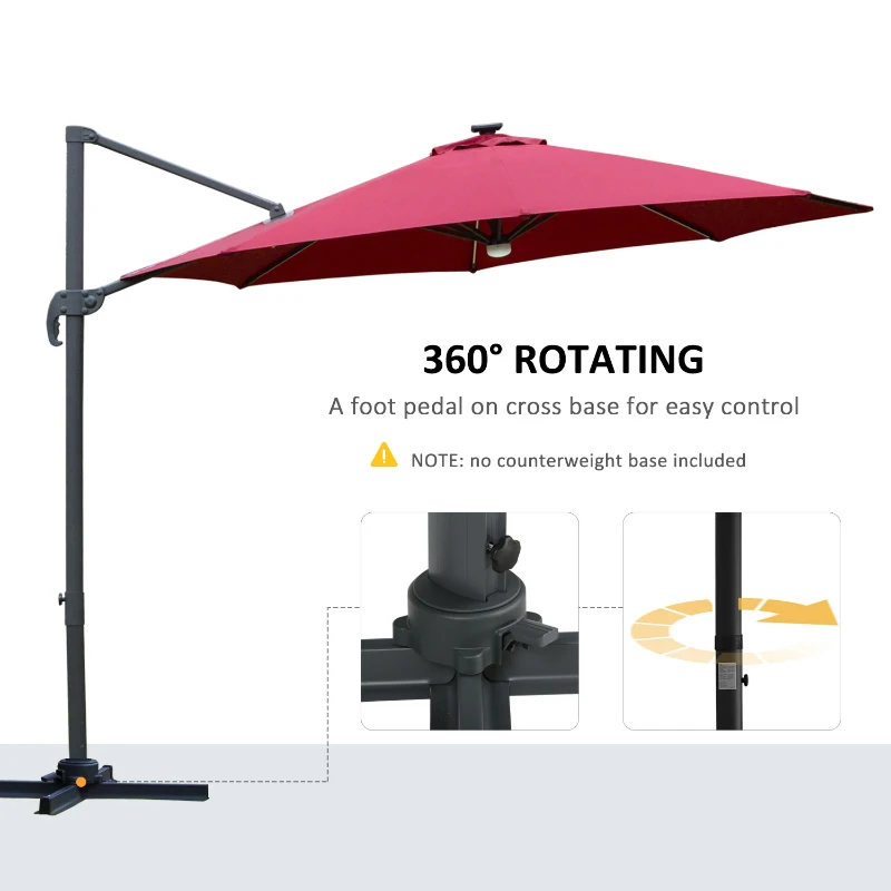 Outsunny 3(m) LED Cantilever Parasol Outdoor Sun Umbrella w/ Base Solar Lights Red