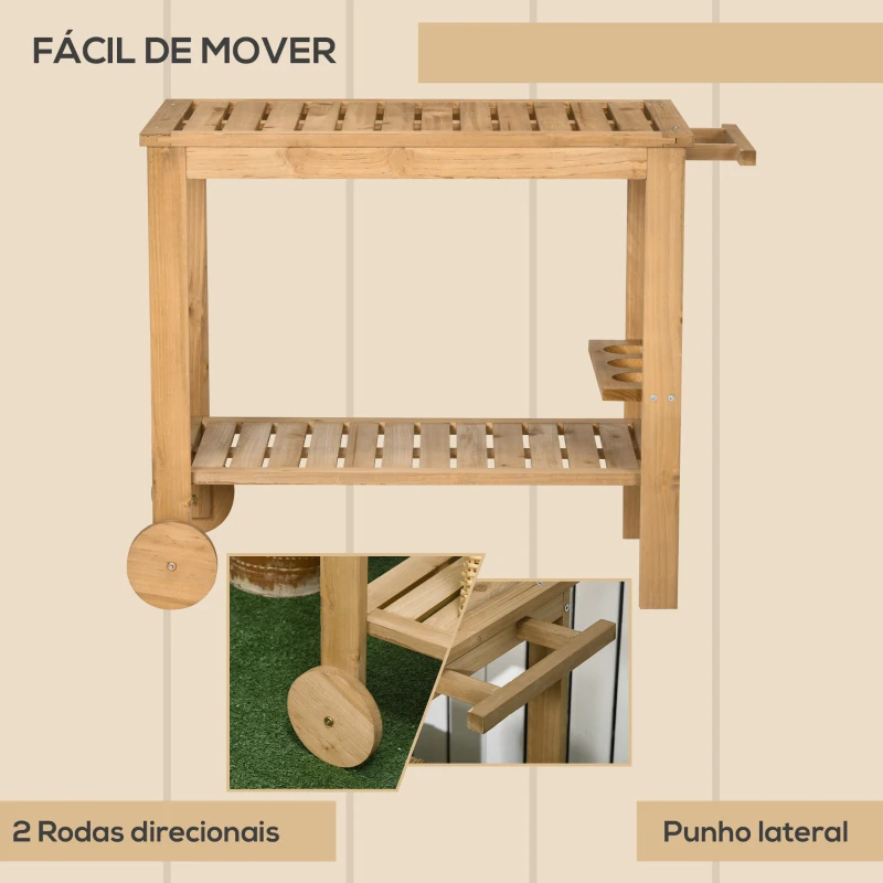 Outsunny Carrinho de Madeira Exterior com 2 Níveis Alça Lateral 3 Suportes para Garrafas e 2 Rodas 95x47x74 cm Madeira