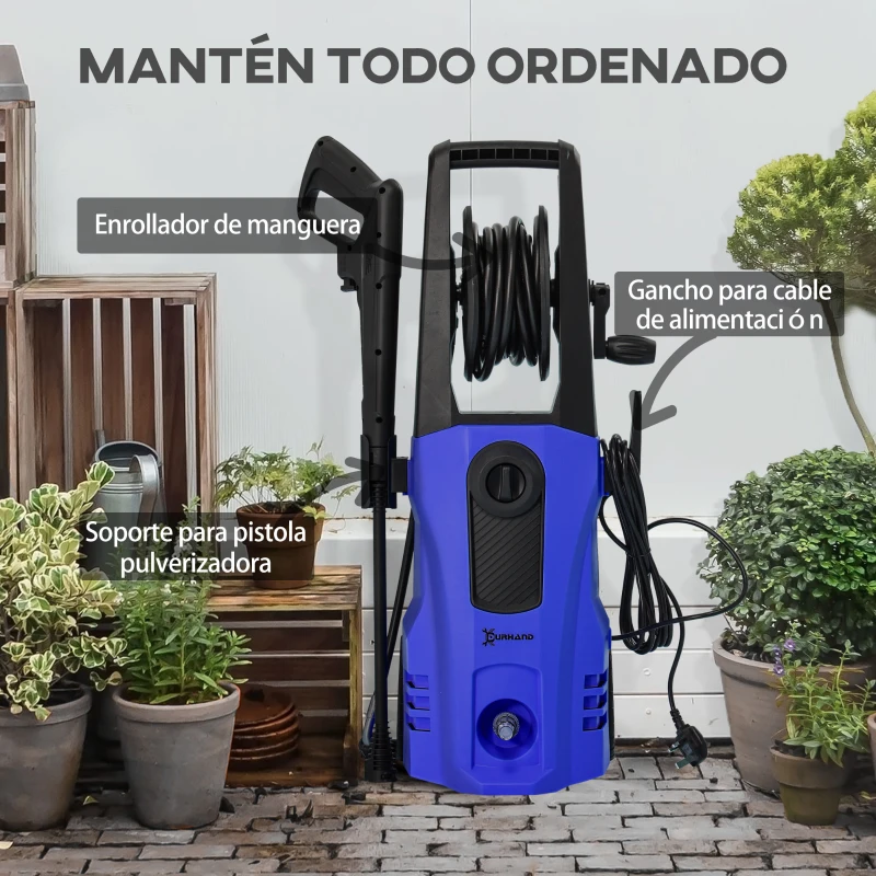 DURHAND Hidrolimpiadora 1800W Caudal 510 L/h Bomba de Aluminio Presión de 150 Bar Manguera 6m Incluye Cepillo 35x27x78 cm Azul