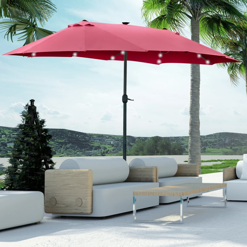 Outsunny 4.4m Double-Sided Sun Umbrella Patio Parasol LED Solar Lights Red
