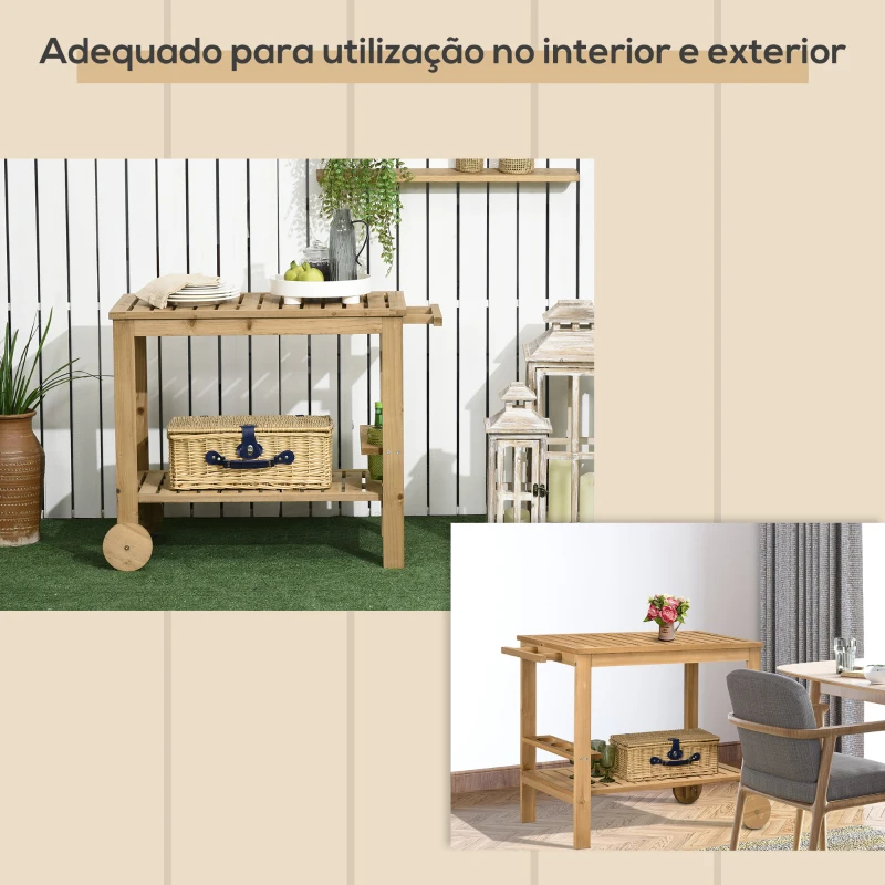 Outsunny Carrinho de Madeira Exterior com 2 Níveis Alça Lateral 3 Suportes para Garrafas e 2 Rodas 95x47x74 cm Madeira